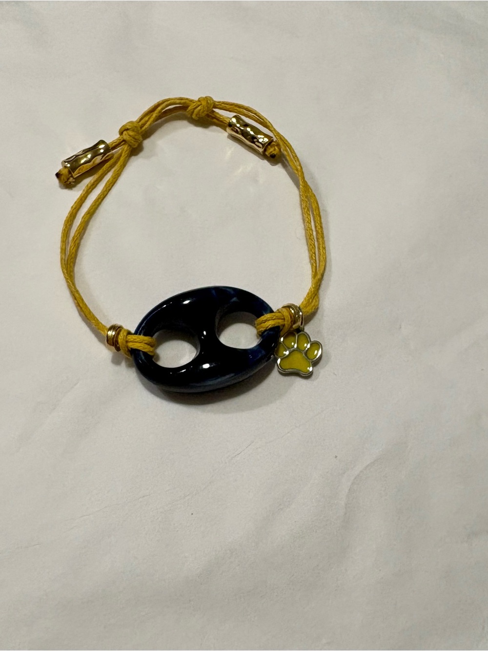 Yellow Cord Bracelet with Navy Resin Accent and Paw Charm